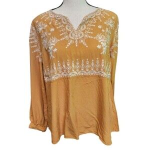 Savanna Jane Gold Embroidered Boho Shirt Size Small Long Sleeve